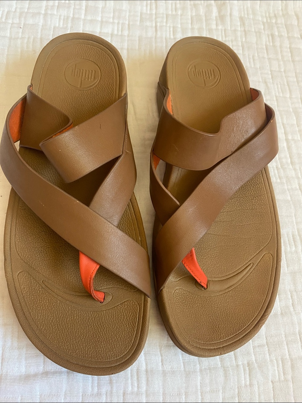 FITFLOP Brown Cross-Strap Sandals with Orange Accent